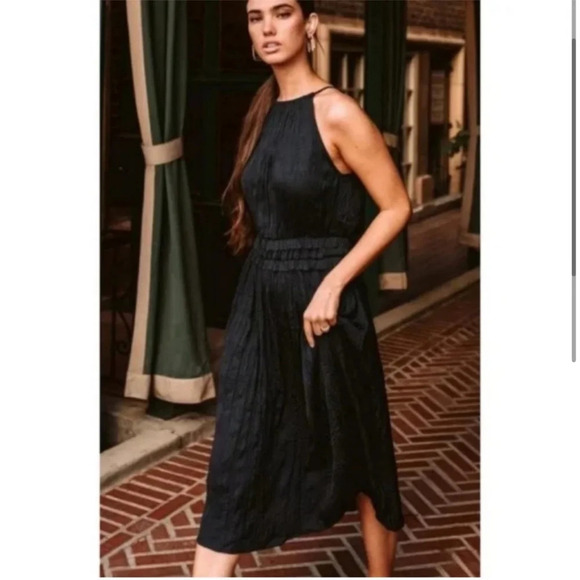 Current Air Dresses & Skirts - Current Air Midi Dress Halter Black Pleated Ruffle Anthropologie Wedding Guest